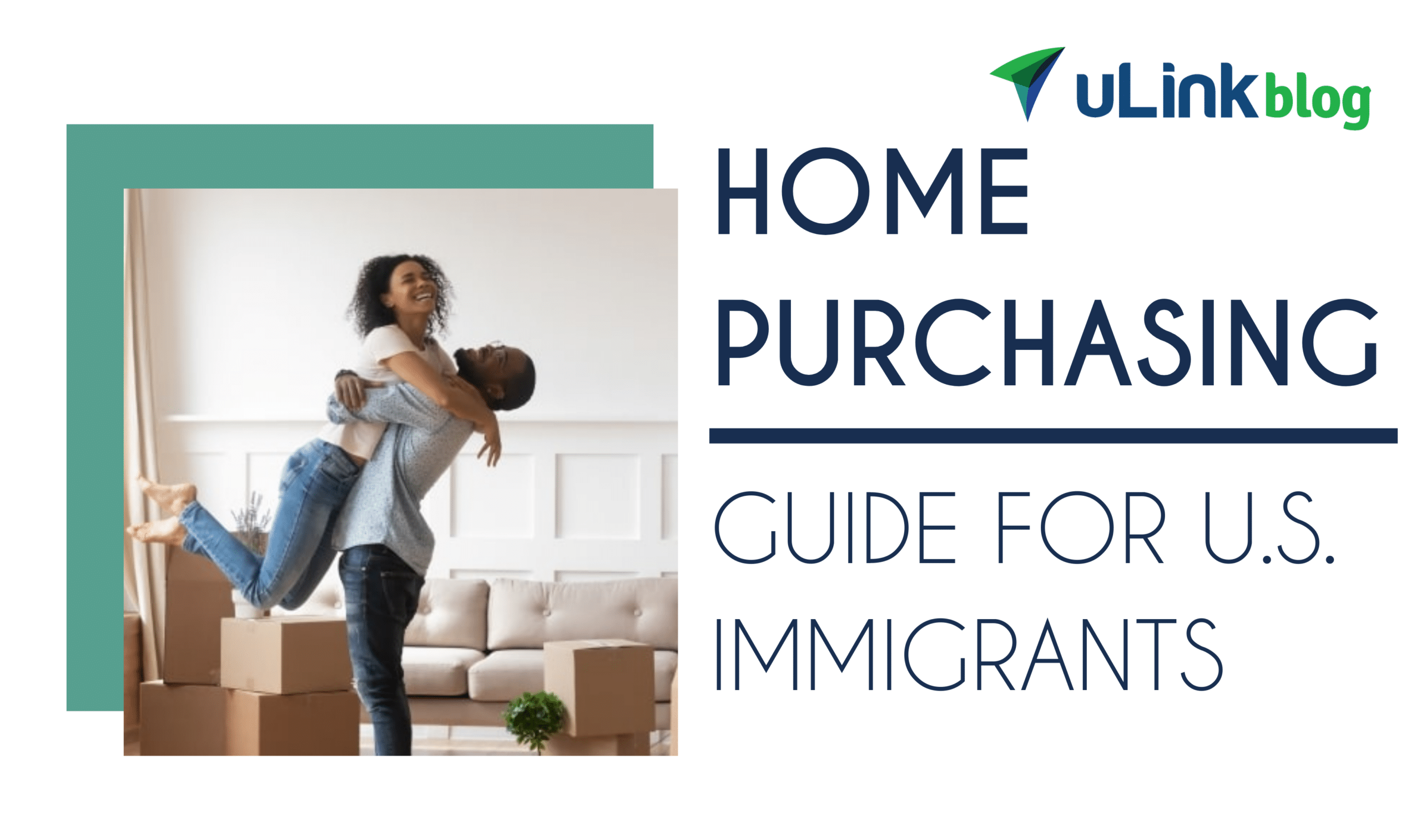 immigrant couple excitedly hugging in their new home